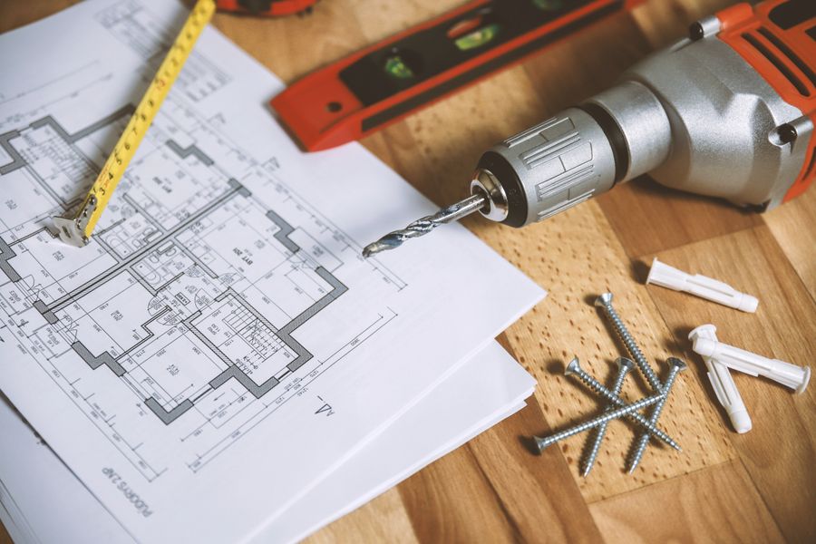 Construction tools and materials prepared for interior work