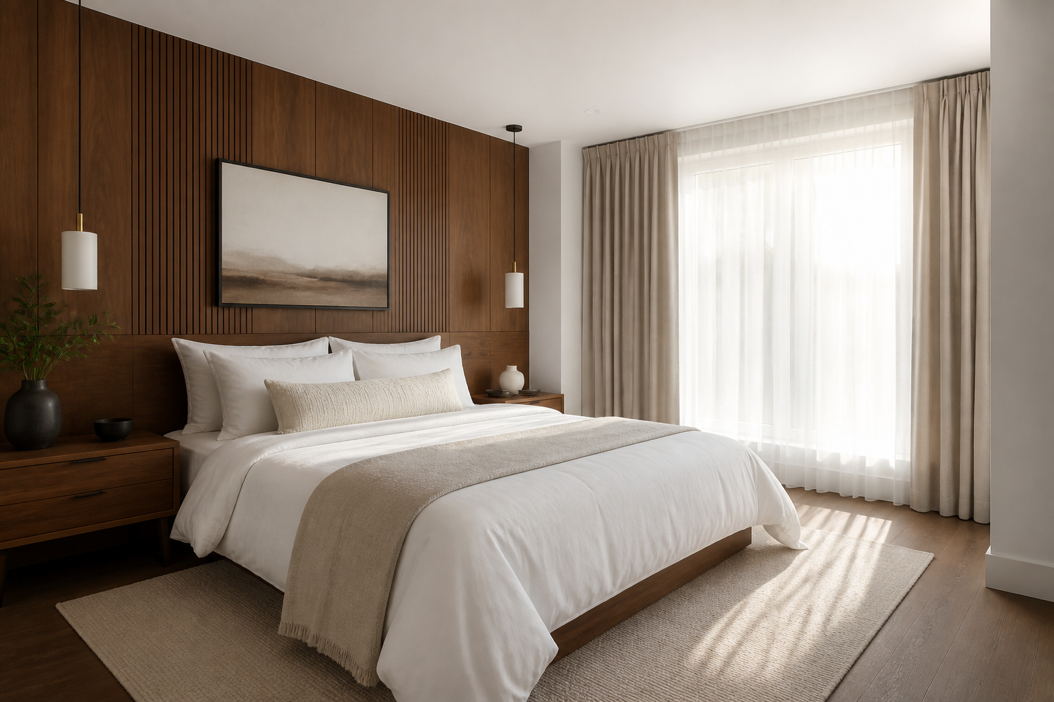 Renovated bedroom with walnut panel accent and soft natural light