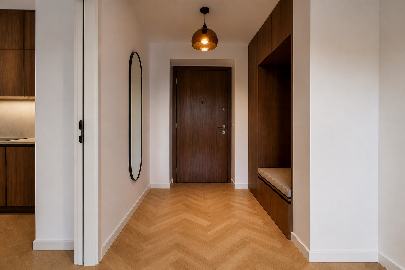 Renovated hallway with herringbone flooring and built-in storage