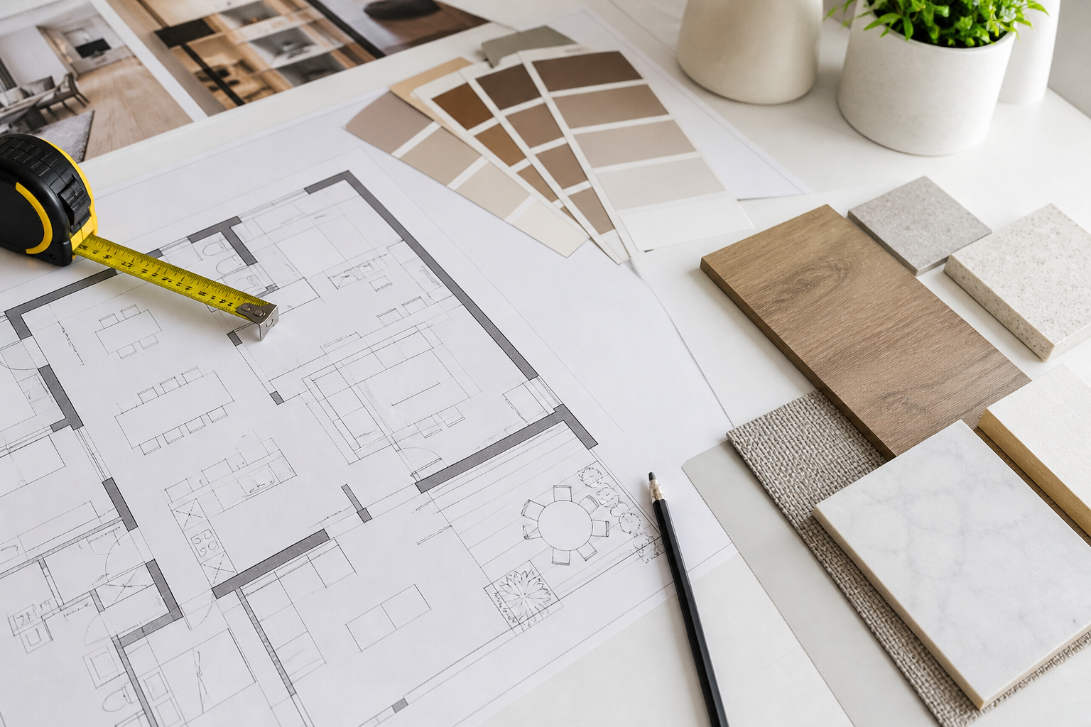 Renovation planning with floor plans and material samples on a workspace