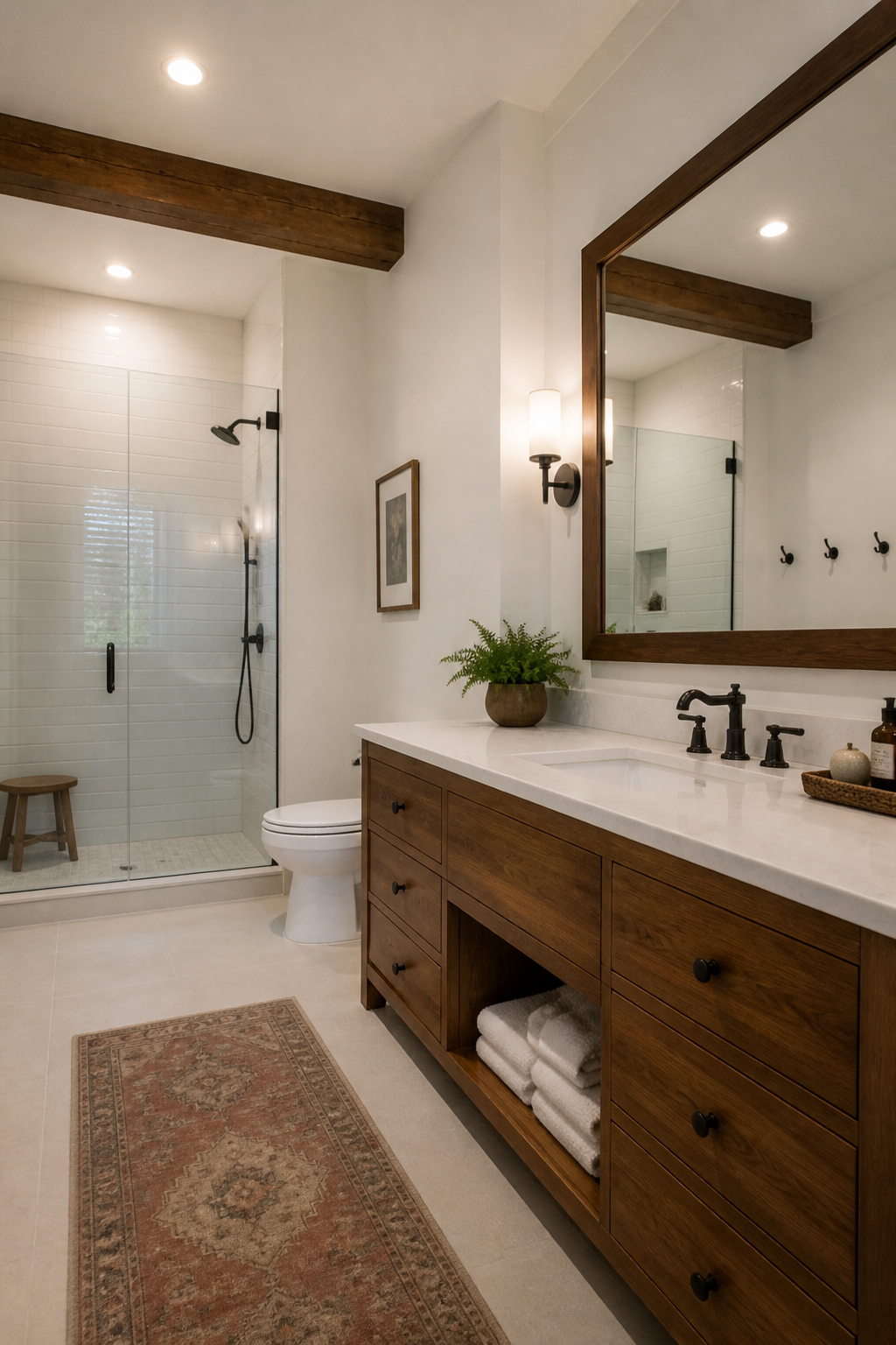 Renovated bathroom with white tiles and wooden vanity
