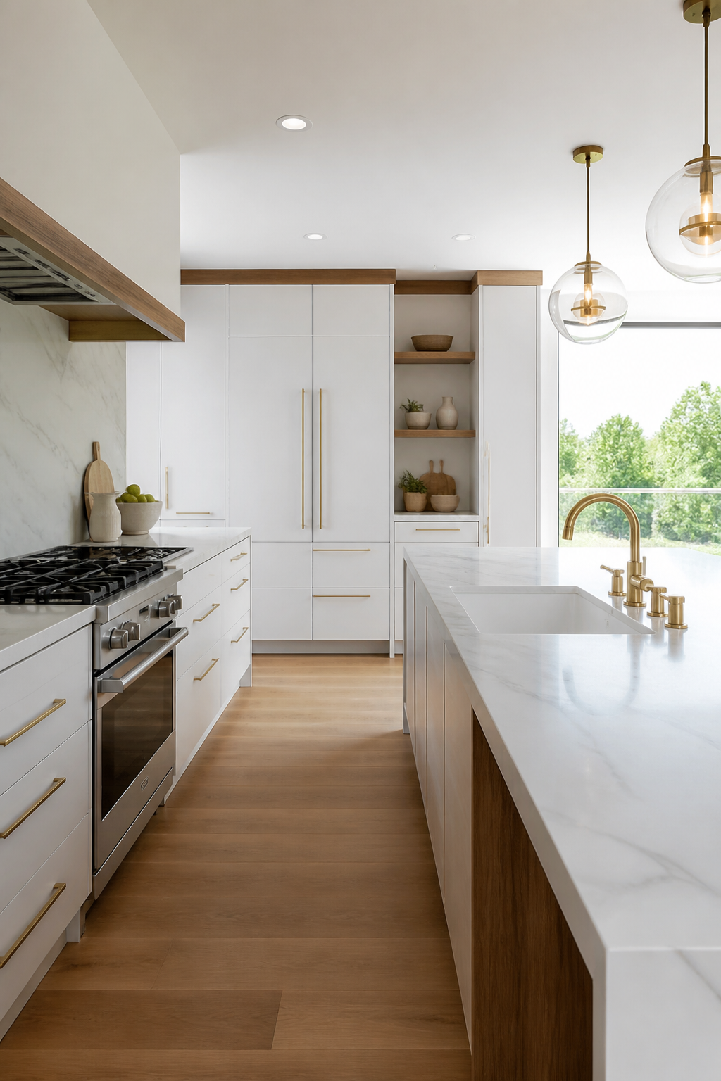 Renovated kitchen with white cabinetry and warm wood accents